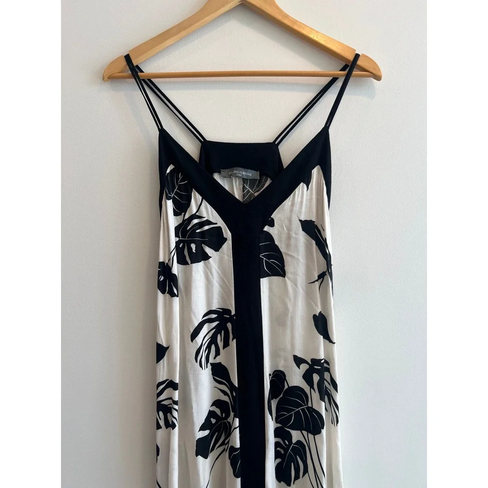 Sandro Ferrone Roma Resort Midi Dress 42 Black White‎ Tropical Monstera Leaf
